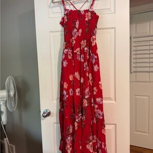 Abercrombie smocked bodice crinkle maxi dress in red floral NWT petite large